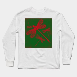 Red embroidered dragonflies on green Long Sleeve T-Shirt